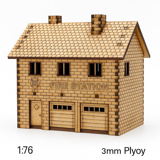 Birch plywood model fire station for slot-fit assembly – railway layout compatible